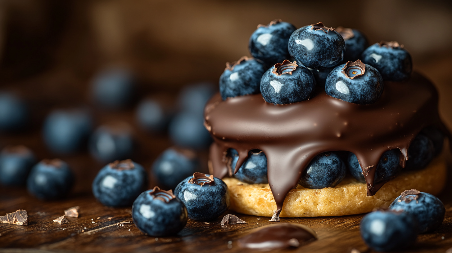 Chocolate covered blueberries on wooden table