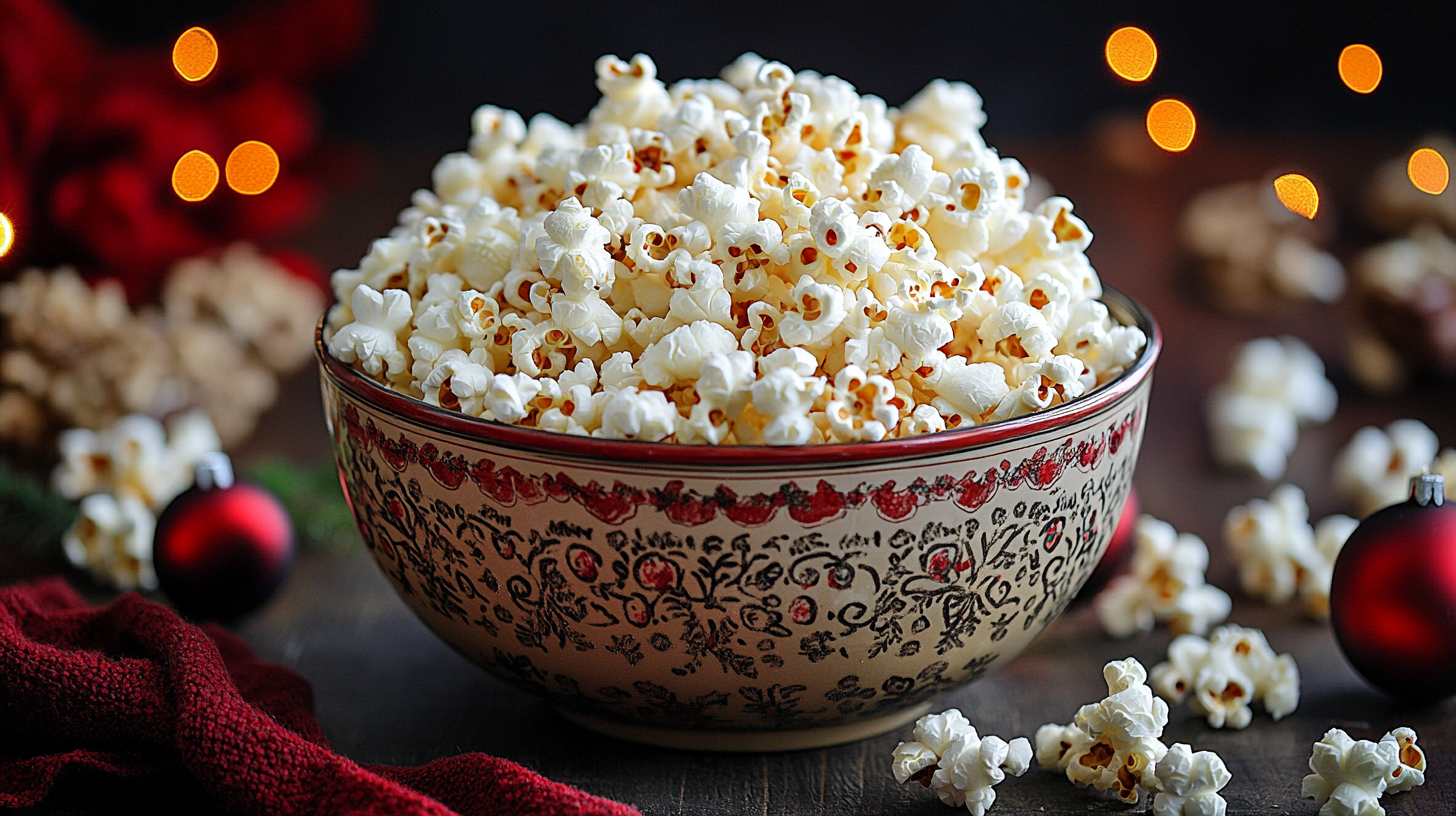 Christmas popcorn mix in a decorative bowl