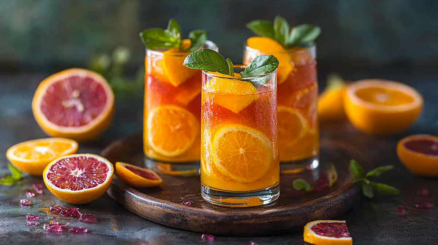 Citrus Sunrise Tea Shot Recipe with vibrant citrus fruits